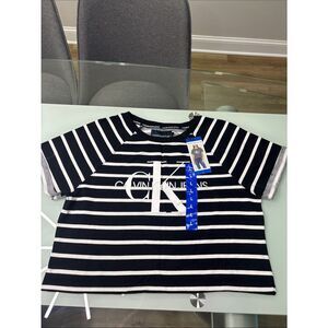 Calvin Klein Jeans NWT Black & White Striped CK Logo Tee large